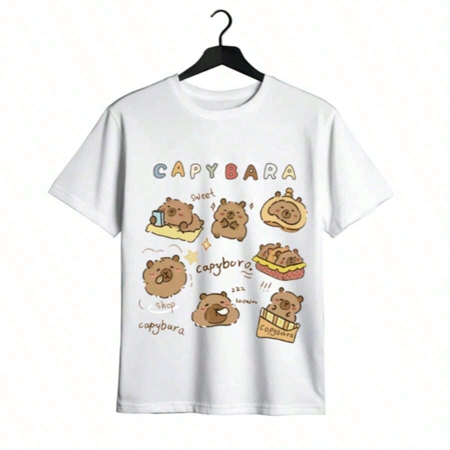 Tops para mujer Casual de Algodón para Mujer con Estampado de Capibara, Manga Corta y Cuello Redondo - Blanco - Ver 1