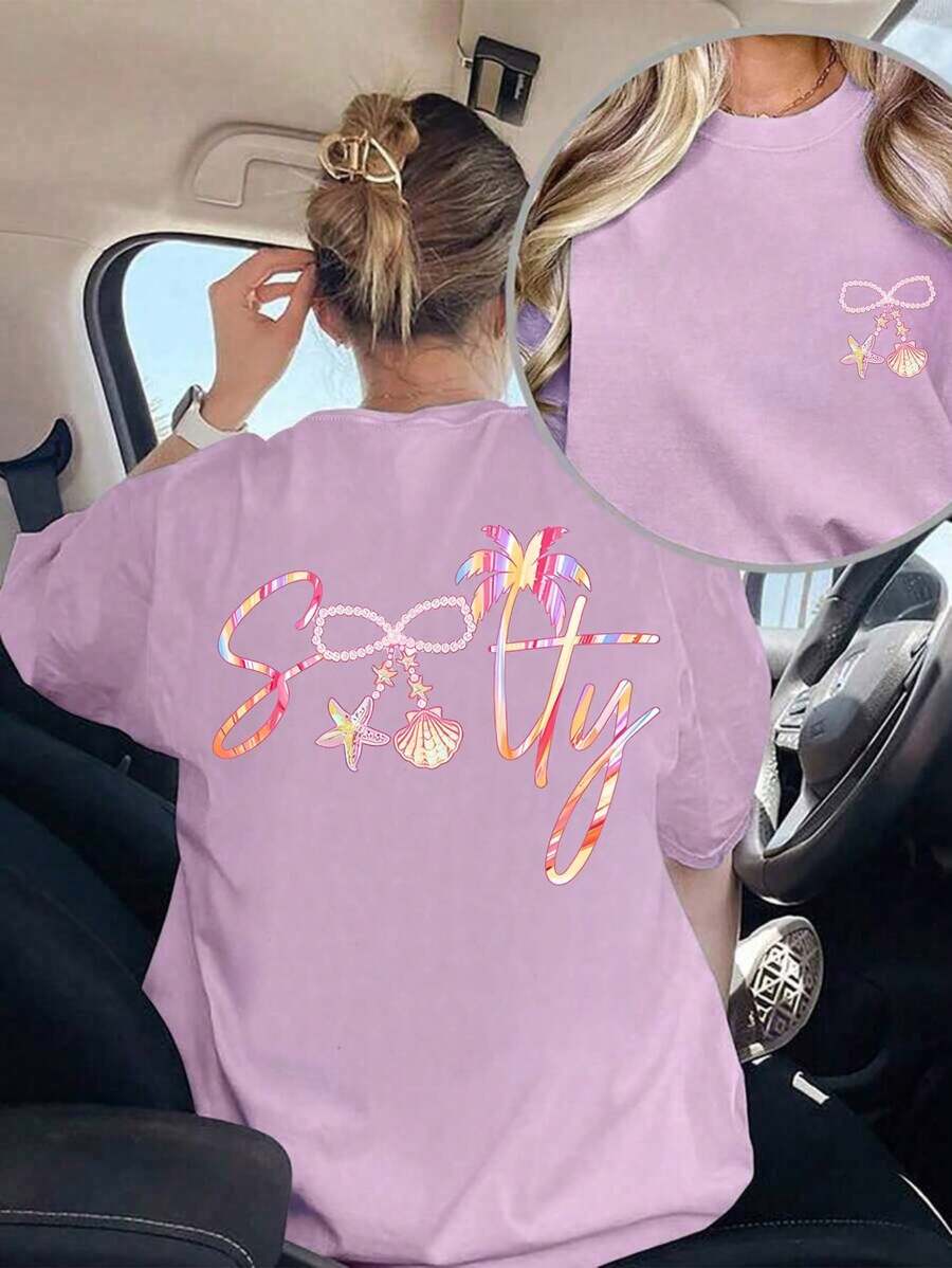 Camiseta oversize morada de verano para mujer con estampado de atardecer marino y texto bíblico Playera holgada de cuello redondo con diseño de paisaje de atardecer y cruz, estilo espiritual - YH367-Morado - Ver 1