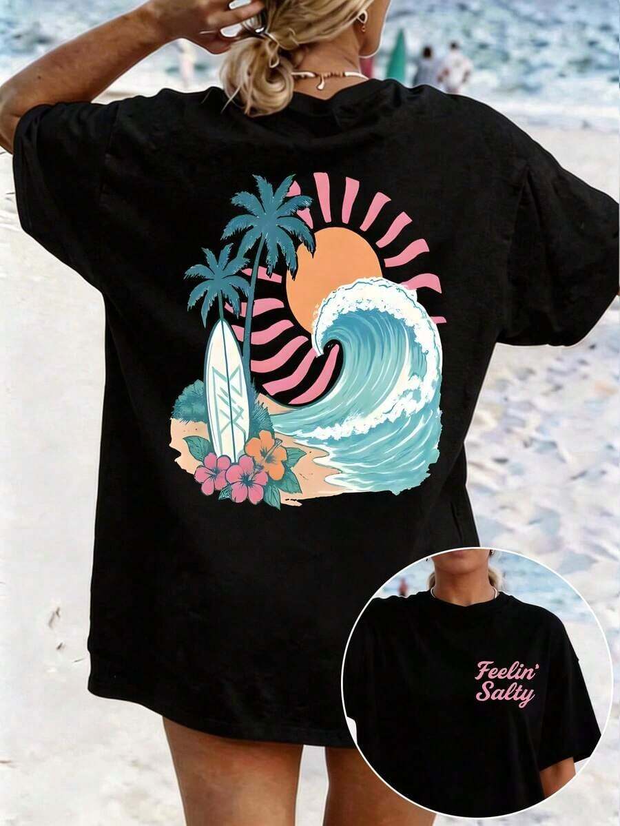 Women's Tropical Beach Graphic T-Shirt - "Meet Me At The Beach" Design With Palm Trees And Waves, Loose Fit, Round Neck, Soft Casual T-Shirt For Spring Summer, 100% Cotton - 黑色 - 查看 1