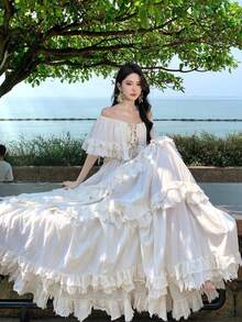 Women's Long Bohemian Summer Dress, Off-The-Shoulder With Ruffles And Bow, Wide Skirt With Floral Print, White Color, Cotton And Linen Fabric, Ideal For Beach And Holidays. - 杏色 - 查看 4