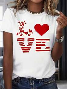 Camiseta con Estampado de Corazón para Mujer, Manga Corta, Diseño Casual en Blanco y Rojo, Camiseta de Moda para Uso Diario, Feliz Día de San Valentín, 220g, 100% Algodónropa de calor mujer - Blanco - Ver 7