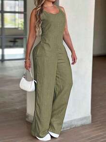 Mono informal elegante de mujer con efecto de mezclilla, cuello en V, sin mangas, cintura fruncida, piernas anchas y bolsillos laterales - Niebla azul - Ver 7