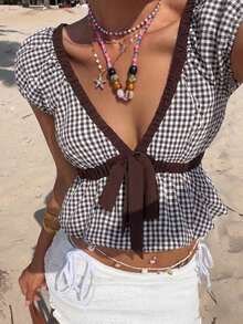 Blusa casual de mujer con cuello en V, estampado de cuadros y detalle de nudo en la parte delantera, de manga corta - Marrón - Ver 7