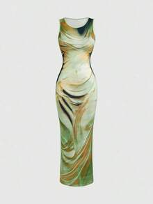 Vestido largo de mujer de vestido de escote con estampado de teñido anudado, vestido de verano largo, vestido largo verde maxi para outfit de mujer - Verde 2 - Ver 5