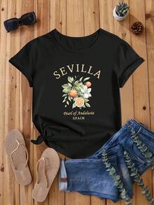 Camiseta casual holgada de verano con estampado de recuerdos de Sevilla, España - Negro - Ver 2