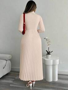 Vestido elegante de oficina para mujer con cintura ceñida, estilo de camisa con botones, adecuado para bodas y eventos, otoño/invierno - Caqui - Ver 2