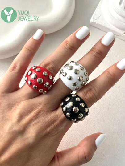 3pcs/1pc European And American Punk Style Rivet Rhinestone Resin Ring, Oval Shaped Finger Ring In Multiple Colors