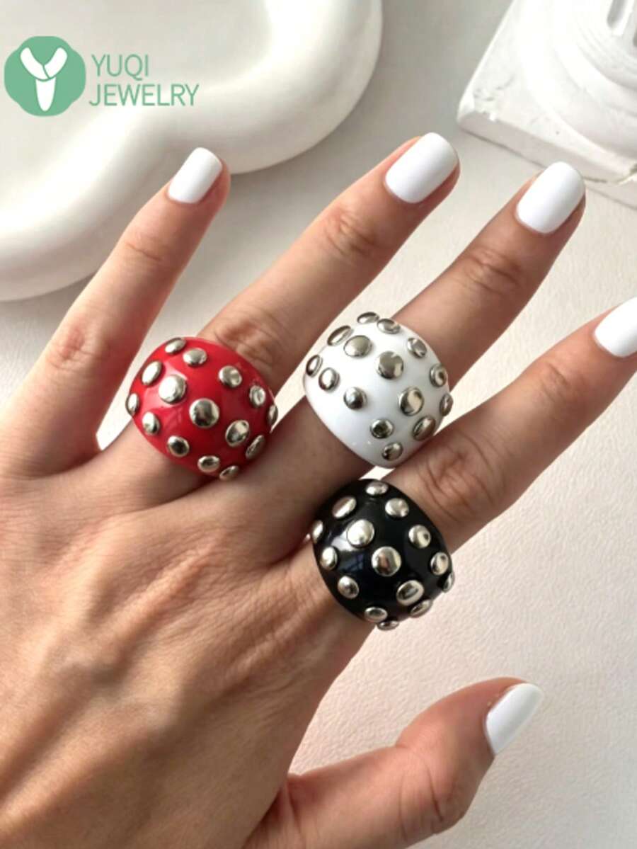 3枚/1枚欧美朋克风铆钉水钻树脂戒指,椭圆形指环,多种颜色可选 - 彩色 - 查看 1