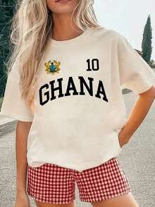 Camiseta de verano para mujer - Diseño estampado del equipo nacional de Ghana, sencilla y cómoda, talla S, camiseta casual de cuello redondo - Estilo vintage urbano, camiseta unisex de algodón holgada de manga corta con cuello redondo - Tops de verano de talla grande, camisetas blancas, camisetas gráficas para mujer, conjuntos para vacaciones tropicales, conjuntos para vacaciones de mujer, conjuntos para conciertos de mujer, conjuntos para el 4 de julio para mujer, 100% algodón. - Albaricoque - Ver 1