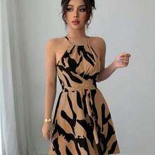 Elenzya Navy Blue Arrow Print Elegant Design Halter Tie Waist Flared Short Dress, High-Quality Graceful Style, Suitable For Valentine's Day, Easter, Labor Day, Birthday, Date, Party, Formal Occasions, Spring/Summer - Negro - Ver 7