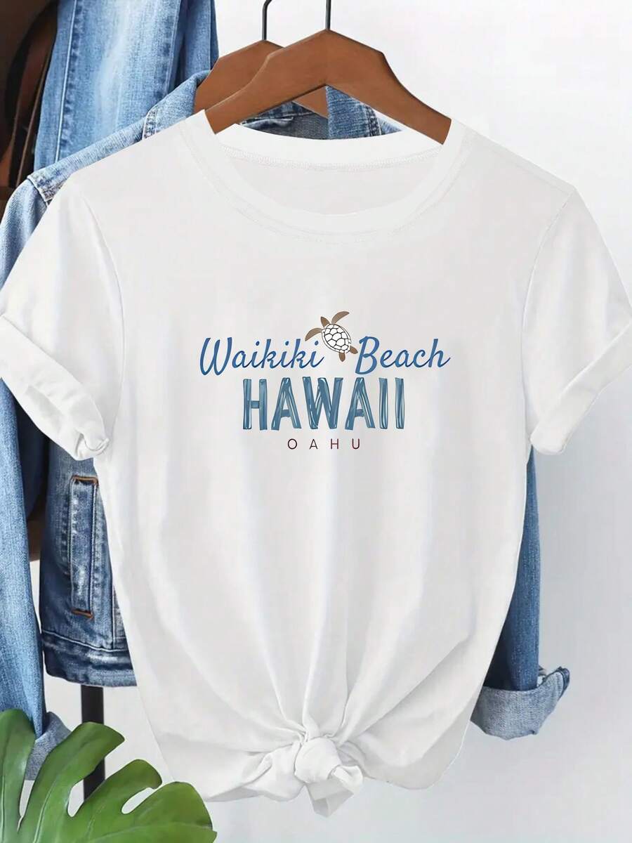 Women's T-Shirt With 'Waikiki Beach HAWAII OAHU' Letter Print, Loose Fit, Round Neck And Short Sleeves, Comfortable, Breathable, Elegant And Stylish, Suitable For Everyday Wear. - 白色 - 查看 1