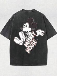 Men's Disney Black Washed Mickey Tee, Dark Street Style, Loose Fit, Premium Cotton Casual Top. - 黑色 - 查看 2