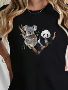 Camiseta de mujer con estampado de koala y panda, un éxito de  reciente, adecuada para el hogar y los viajes, lavable a máquina, ideal para primavera y verano, cómoda y suave, regalo perfecto para el Día de la Madre. Camisetas gráficas de verano para mujer, camiseta casual estampada de manga corta y cuello redondo, moda urbana local de primavera/verano. - Negro - Ver 7