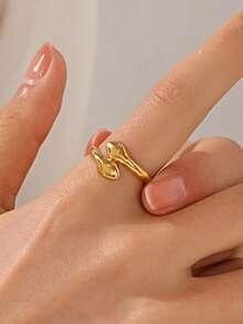 1pc Stainless Steel Retro Double-Headed Snake Ring, Suitable For Daily Wear - Yellow Gold - View 7
