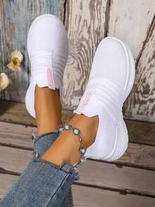 Women'S Slip-On Casual Athletic Shoes, Breathable Mesh Pastel Striped Design Tennis Shoes, All-Season Lightweight ComfortableIndoorOutdoorRunningShoes - 白色 - 查看 6