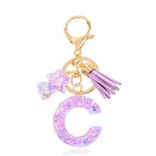 1 Pc Cute Purple Glitter Letter Keychain, Initial Resin Keyring With Tassel & Star Charm, Fashion Aesthetic Purse & Car Key Accessory - Purple - View 27