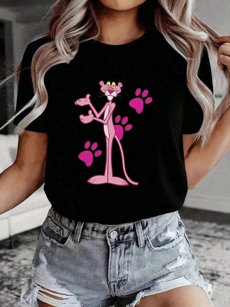 Women's Simple Loose Fit T-Shirt, Modern Style, 1 Piece. Women's T-Shirt, Urban Style, Creative Print, Footprints, Soft Fabric, Solid Color, Loose Fit, Round Neck, Short Sleeve, Spring/Summer, Everyday Wear. T-Shirts. Cozy Soft Simple Everyday Wear Short Sleeve Top - 黑色 - 查看 1