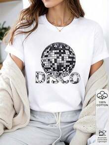 Camiseta Holgada Sencilla Mujer Estilo Moderno 1pc 100% Algodón Mujer Disco Bola de Espejos Reflectante Estampado Gráfico 2D Cuello Redondo Manga Corta Camiseta Para Todas las Temporadas Cómoda Suave Sencilla Para Uso Diario Top de Manga Corta - Blanco - Ver 5