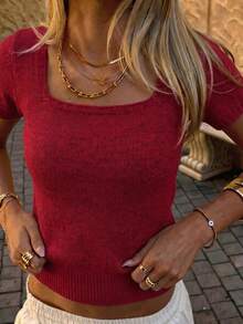 Just Masa Women's Summer Casual Knit Top,Square Neck Short Sleeve Fitted Basic Soild Color Sweater, For Casual,Vacation,Commute,Date,Daily Wear - Burgundy - View 3