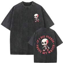 Fun Oversized T-Shirt For Men And Women, Vintage Style, Washed Skeleton Print, Gym Style, For Casual Workouts, Fitness, Girls' Clothing, Men's T-Shirt, Women's Blouses, Durable Cotton, Everyday Wear, With National Shipping - 黑色 - 查看 12