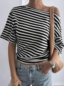 Blusa holgada y casual de mujer con rayas y parches, cuello oblicuo y manga corta, elegante estilo callejero para primavera, verano y otoño - Blanco y Negro 2 - Ver 2