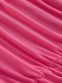 Camiseta De Malla Plisada Ahuecada Para Mujer - Rosa Fucsia - Ver 4