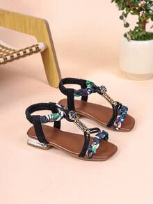 1 Paar süße, farbenfrohe Mädchen Schal gewebte Sandalen mit niedrigem Absatz, weiche Sohle rutschfeste elastische Bänder Mädchen Prinzessinnenschuhe, vielseitig tragbare Outdoor Mädchen Sandalen, atmungsaktive Kinderkleider Schuhe, geeignet für den täglichen Gebrauch, Partys und Outdoor-Aktivitäten - Schwarz - Übersicht 3