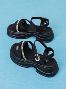 Summer New Black Crystal Wedge Sandals, Soft Sole Comfortable Platform Shoes, Versatile Daily Wear Roman Sandals - Black - View 4