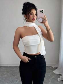Top de camisola plisado con decoración de bufanda de malla elegante para mujeres - Albaricoque - Ver 1