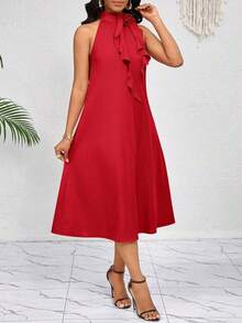 Lady Vestido de longitud media naranja con decoración de volantes florales tridimensionales en el cuello.Elegante y holgado para damas.Ideal para vacaciones de primavera y verano.Estilo bohemio. - Rojo - Ver 6