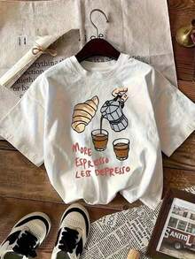 NUEVA Camiseta de Algodón 100% con Estampado Divertido de Café y Croissant para Mujer - Manga Corta Holgada, Cuello Redondo, Ropa Casual de Verano, Atuendo para Fiesta, Tela Transpirable y Cómoda, Diseño Simple, Top Suave, Ropa Casual de Verano para Fin de Semana, Camiseta Casual de Verano con Estampado y Cuello Redondo para Mujer |     Pascua y Día de San Patricio, Día de la IndependenciaCamiseta de Algodón - Blanco - Ver 7