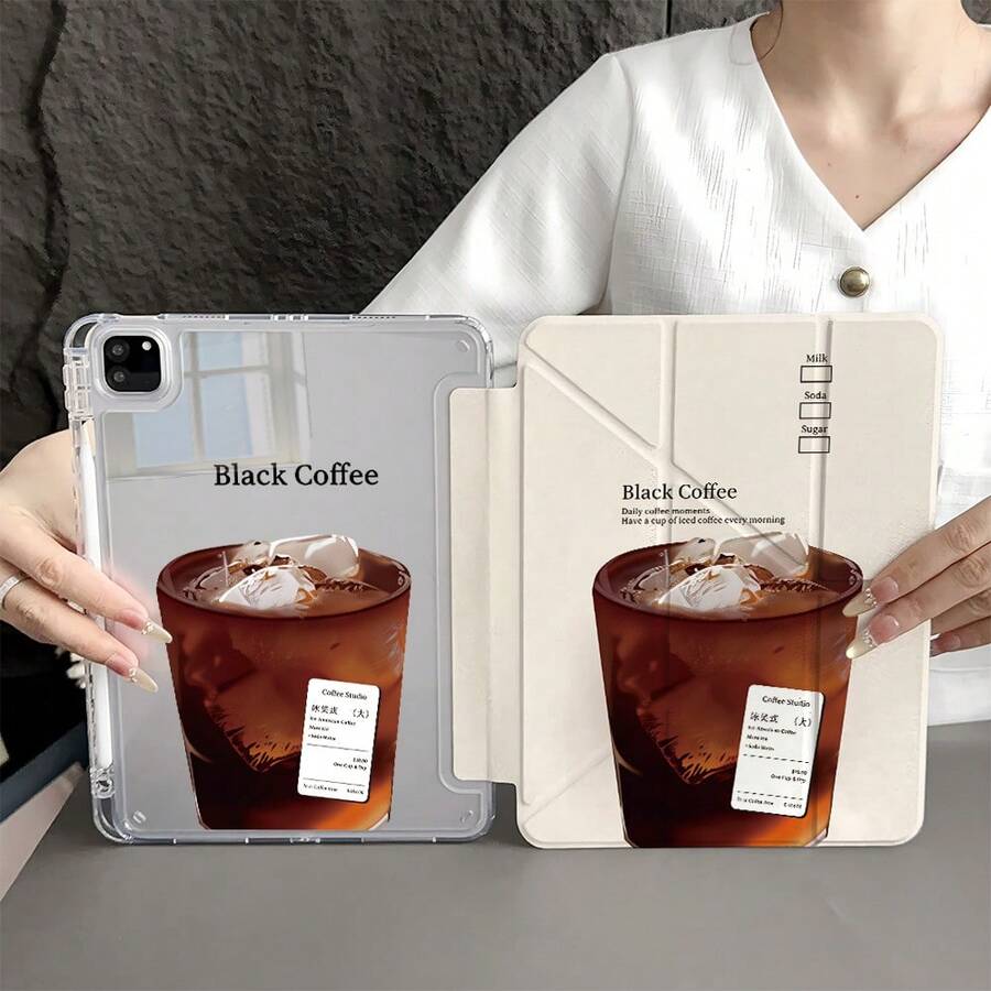 1个冰黑咖啡图案带笔槽的支架，多角度设计，兼容iPad 10.9/10.2/Air第五代/Pro 11/10代/9.7/Air 2/7/8代/Air 4/5/Air 13/11(M3 2025)/11(A16 2025)，兼容OPPO平板电脑，兼容华为MatePad，兼容荣耀平板电脑 - 彩色 - 查看 1