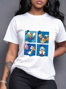 Diversas viñetas coloridas que muestran a un pato expresando alegría sorpresa amor y ternura con fondos azules y rosados camiseta para mujer casual moderna de corte cómodo,Camiseta de mujer elegante. - Blanco - Ver 7