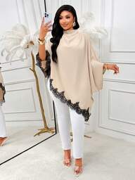 Blusa de manga larga de tela de punto para mujer talla grande, con cuello alto y diseño asimétrico de encaje, de moda