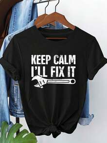 Talla Grande - Talla Grande - Camiseta de Mujer Talla Grande con Eslogan Drtido "Keep I'll Fix It" | Top Casual de Manga Corta con Cuello Redondo y Patrón Geométrico, Tejido Ligeramente Elástico - I para Regalos de Herramientas y Ropa Casual - Conjuntos de Primavera Verano - Negro - Ver 2