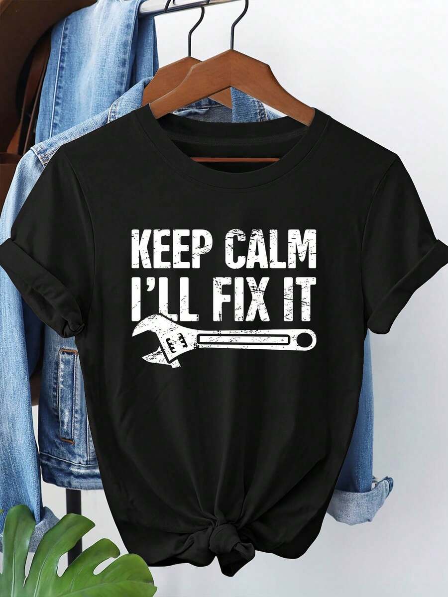 Talla Grande - Talla Grande - Camiseta de Mujer Talla Grande con Eslogan Drtido "Keep I'll Fix It" | Top Casual de Manga Corta con Cuello Redondo y Patrón Geométrico, Tejido Ligeramente Elástico - I para Regalos de Herramientas y Ropa Casual - Conjuntos de Primavera Verano