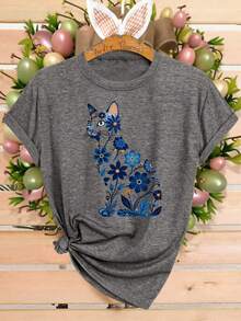 Women's Casual And Sporty Top, Inspired By Floral And Cat Prints, Stylish And Fashionable, Ideal For Spring, Summer, And Fall. Short-Sleeved T-Shirt With A Round Neck, Soft And Comfortable. Comfortable Fit, Durable Construction, Printed Design. Suitable For Everyday Sports, , Loose, Popular, And Comfortable. Casual, Stylish, And Sporty, It Looks Great Worn Alone Or Layered, Effortlessly Capturing The Feeling Of Fashion. - 黑色 - 查看 7