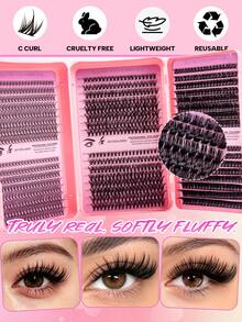 Ensemble de faux cils en grappes 960, comprenant des cils recourbés 20D+40D+80D, longueur 8-16mm, mélangés avec des extensions de cils naturels, livré avec de la colle, du démaquillant et des pinces, grappes de cils ultra-épaisses et ultra-longues, cils recourbés individuels - Noir - Voir 3