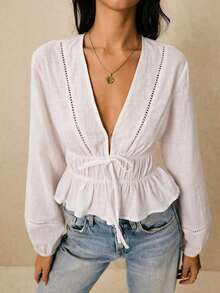 Camisa casual de mujer de unicolor con cuello en V y detalle de nudo en la parte delantera, de manga larga - Blanco 2 - Ver 6