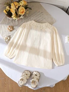 Young Girl Lace Collar Embroidered Button-Front Long Sleeve Blouse - Apricot - View 2
