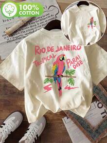 [Double-Sided Print] Fashionable Women's Top, Women's Summer Clothes, Tropical Style, Short Sleeve T-Shirt With Round Neck And Parrot Print And RIO DE JANEIRO TROPICAL Text, Women's Winter Clothes - 杏色 - 查看 3