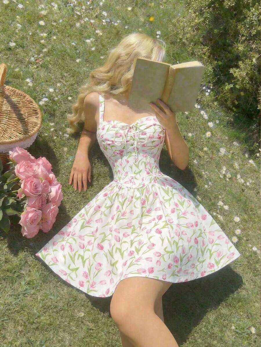 Vestido midi acampanado con cintura fruncida y estampado de flores, con decoración de lazo.Ideal para rave, estilo bohemio, conciertos, graduación, romántico, verano, elegante, vacaciones, fiestas, fluido, invitada de boda, té, modesto, baile d - Multicolor 3 - Ver 1
