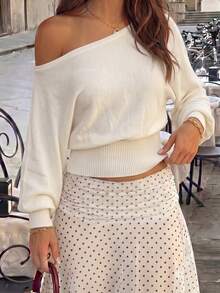 Women's Casual Elegant Solid Color Off-Shoulder Batwing Sleeve Pullover Sweatshirt, Cropped Off-Shoulder Top, Cute Sweatshirt, Suitable For Spring, Summer, Autumn And Back To School Season - Beige - View 3