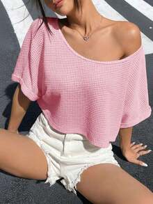 Camiseta de mujer de punto a rayas de estilo minimalista y casual, de un hombro, con efecto dopamina, adecuada para el uso diario, citas, reuniones, otoño/invierno/verano, Navidad, Año Nuevo, Acción de Gracias, fiestas, bodas, playa, ceremonias de graduación, moda, elegante, casual, salidas, citas, reservas, viajes, brillante, Día de San Valentín, vacaciones, Y2K y otras ocasiones. - Rosa Pálido - Ver 1