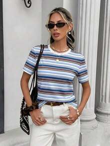 Frenchy Camiseta de mujer de manga corta, cuello redondo, ajustada y minimalista, adecuada para primavera/verano, con estampado de rayas rosa y marrón - Multicolor 5 - Ver 7