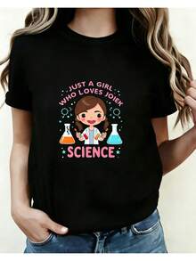 1 Piece Women's Funny T-Shirt With Lab Coat And Beaker Print, Science And Technology Teacher Clothing, Casual Lightweight Shirt, Scientist Outfit, Ideal Gift For Women In The Science And Technology Field, Women's Printed Crew Neck T-Shirt For All Seasons - 黑色 - 查看 6