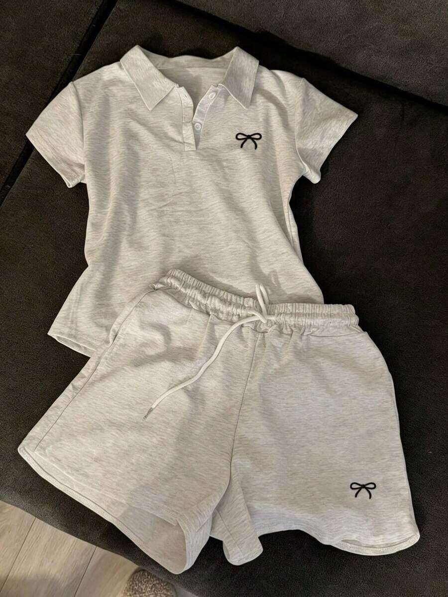 de 2 piezas de camisa polo con bordado de lazo y shorts de estilo casual para mujer, para verano - Gris - Ver 1