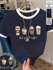 Camiseta casual de mujer de manga corta con cuello redondo, estampado de letras y bloques de color - Azul marino - Ver 6