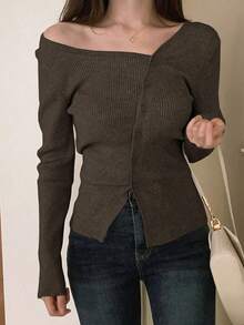 Blusa casual de mujer de punto acanalado con botones y manga corta - Café integral - Ver 4