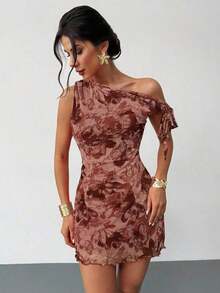 Vestido mini de verano nuevo para mujer con estampado floral, cuello asimétrico, sexy y elegante para vacaciones.Vestido floral de malla, vestido de cuello asimétrico, ropa de primavera/verano, atuendo de playa, elegante, sexy, vacaciones, playa, - Marrón - Ver 5